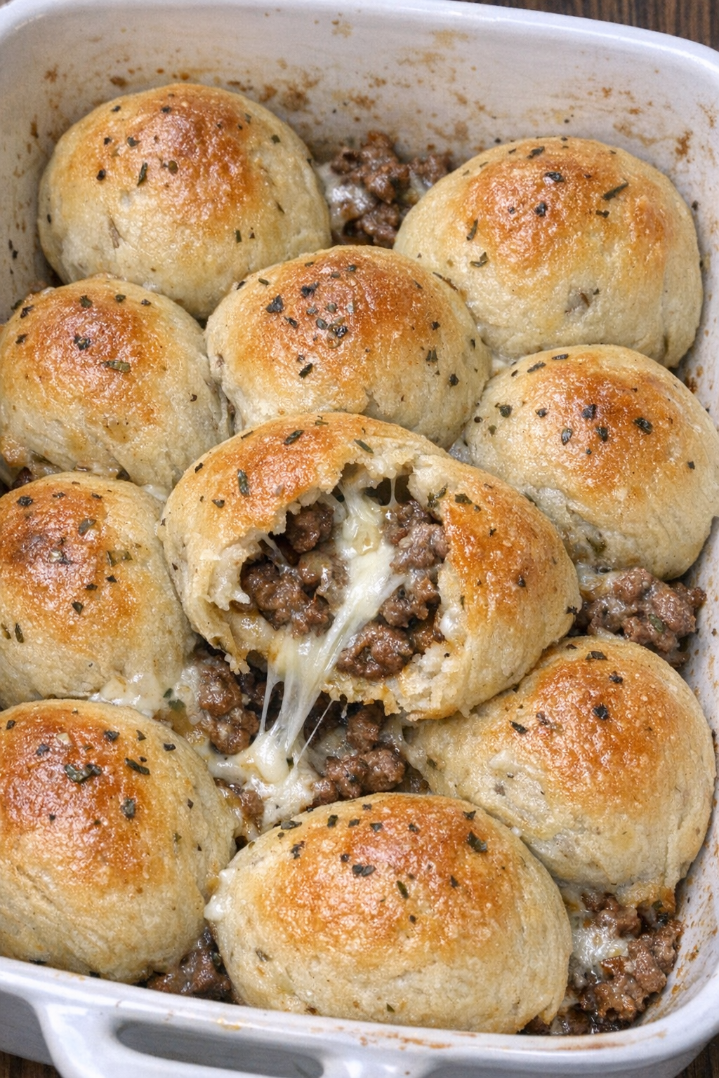 Oven baked beef crescent bombs in a baking dish