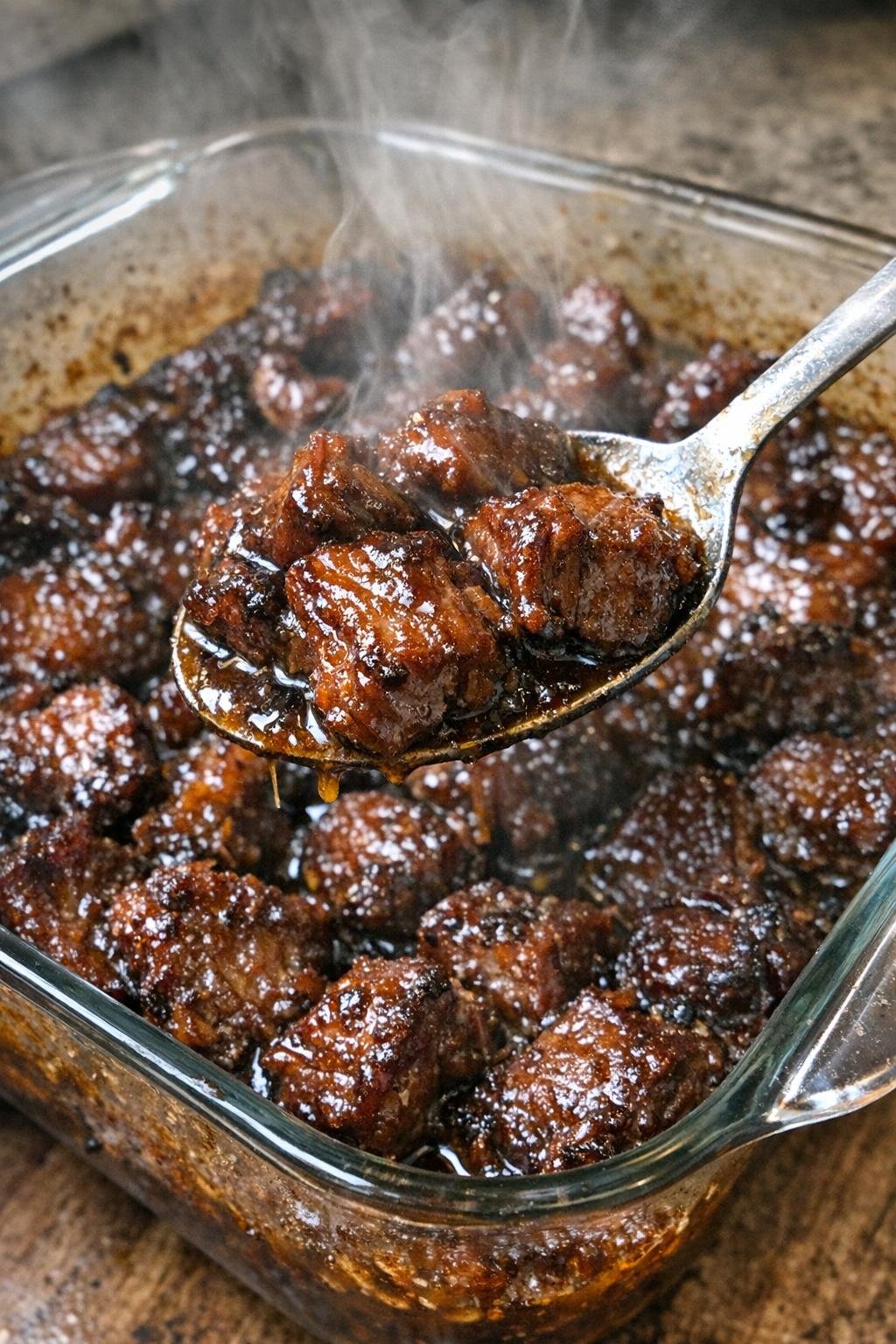 Savory beef bites with caramelized edges in a glass baking dish