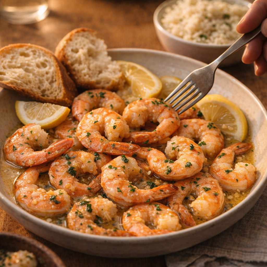 Garlic shrimp served family-style with lemon wedges and bread