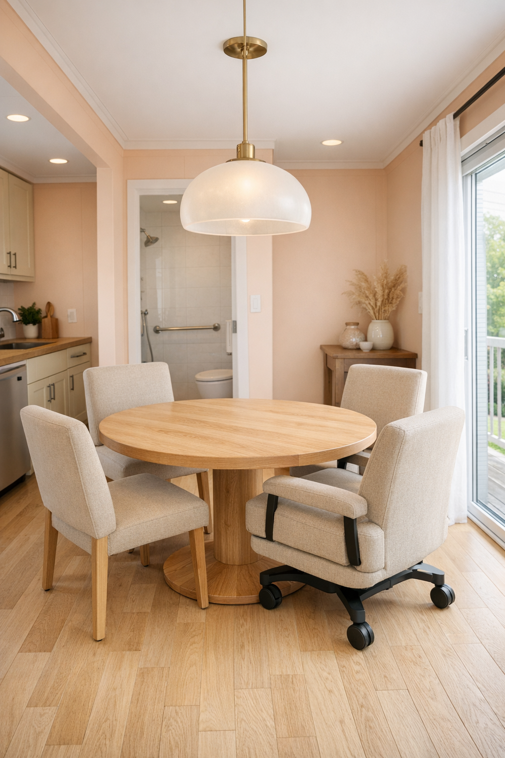 Accessible dining area with round wood table and soft neutral upholstered chairs