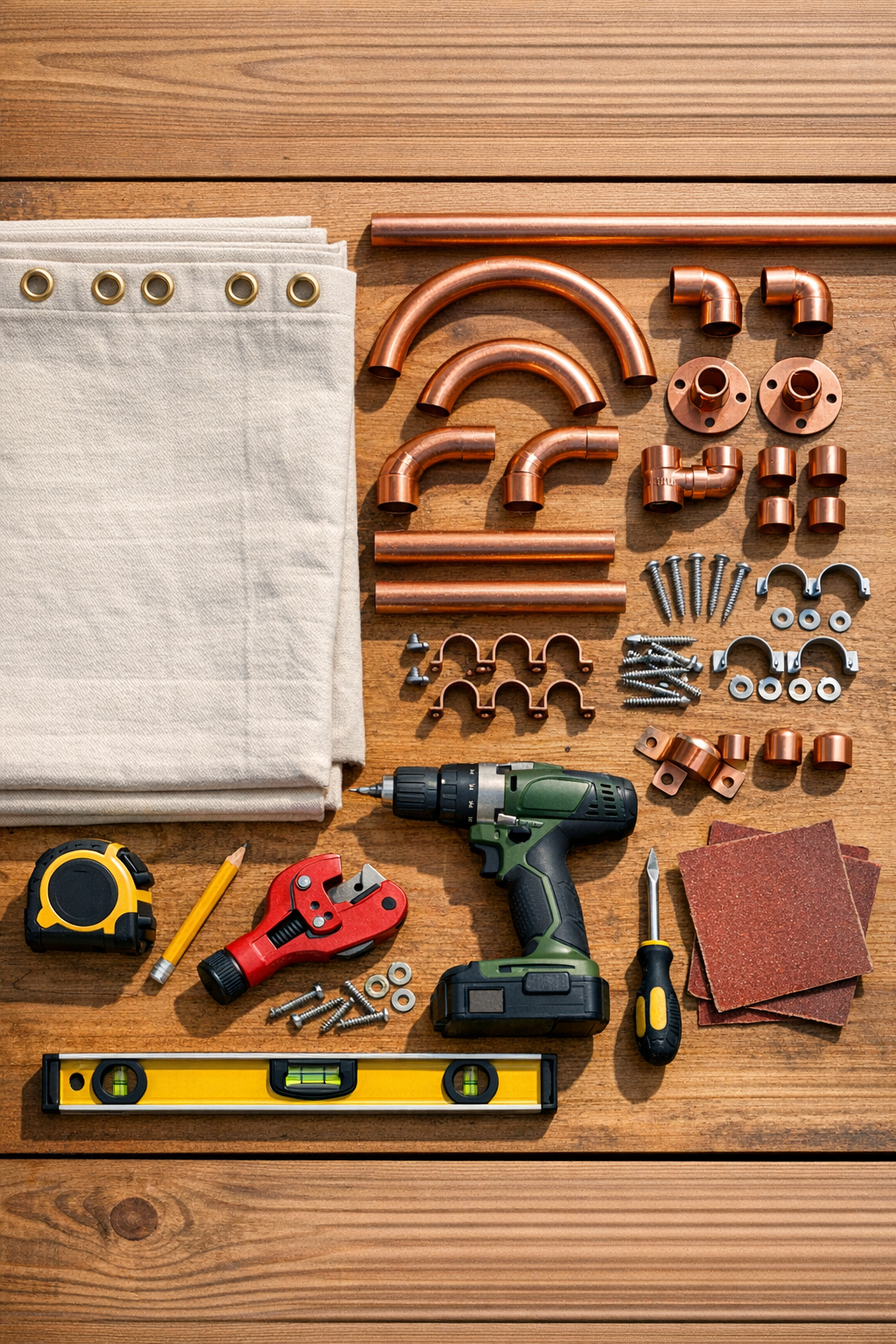 Materials for an outdoor shower curtain project laid out neatly