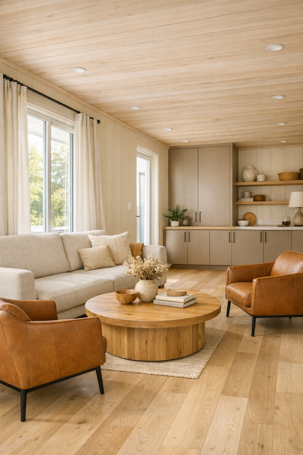 Warm accessible living room with oatmeal seating, pale oak floors, and soft wood ceiling