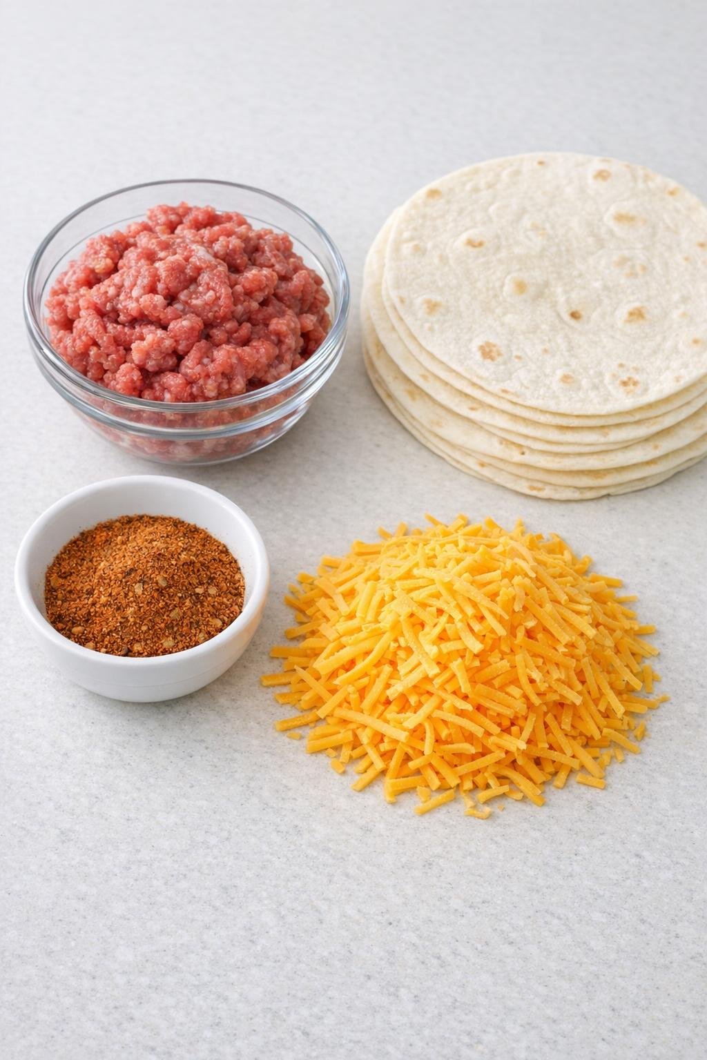 Ground beef, taco seasoning, cheddar, and flour tortillas