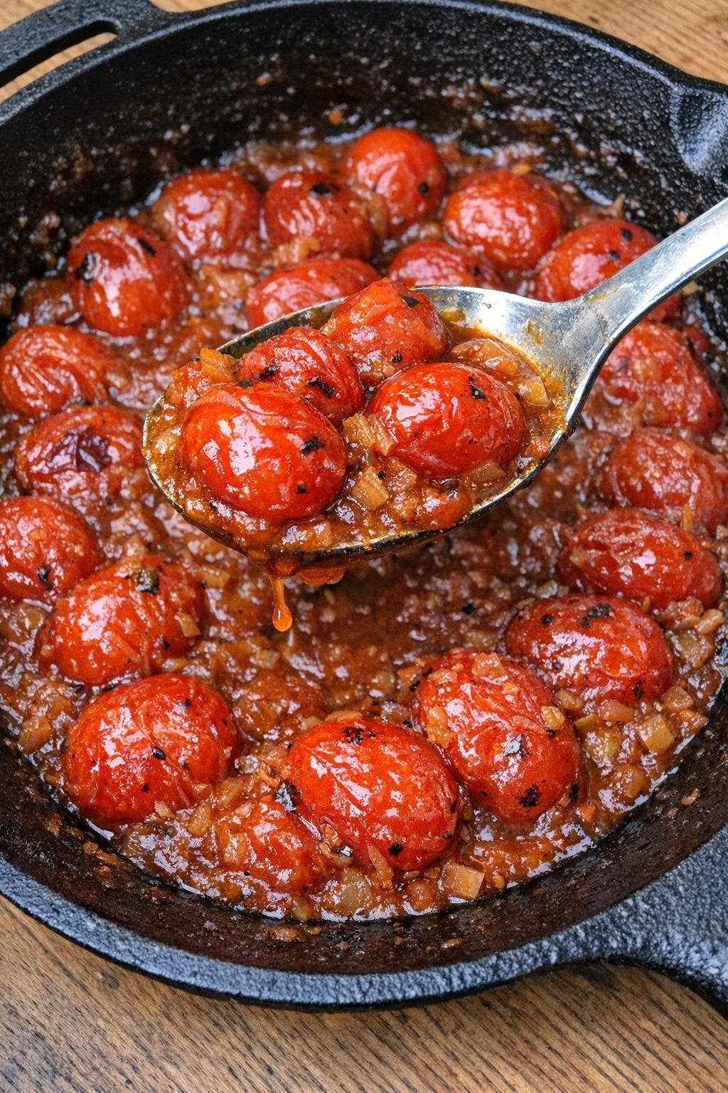 Blistered tomatoes in savory sauce in a cast iron skillet