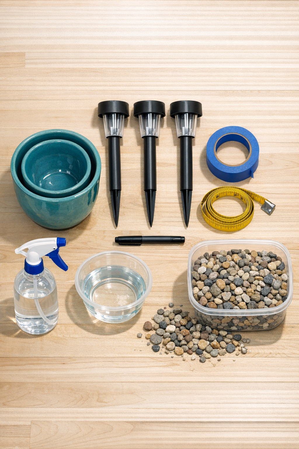 Materials for a solar light planter project laid out together