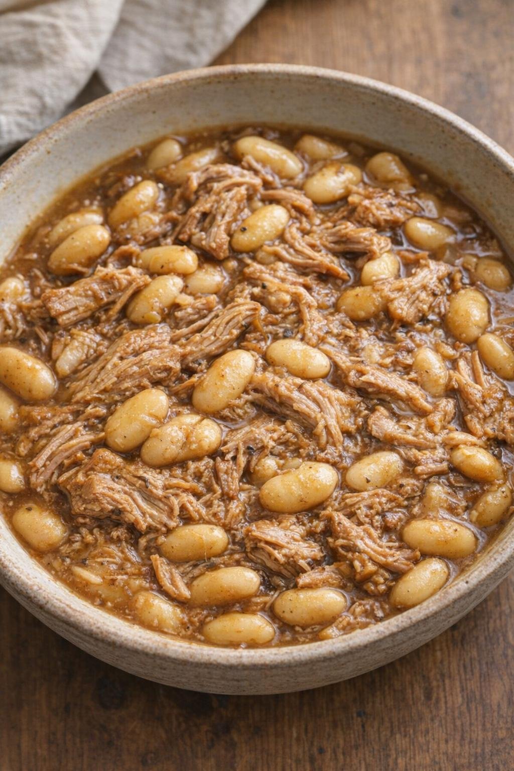 Shredded pork mixed back into butter beans and gravy