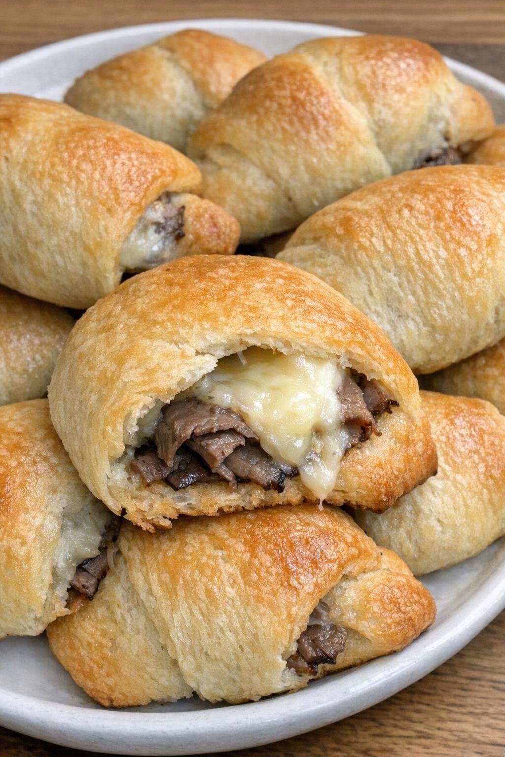Golden brown crescent dough cushions filled with roast beef and camembert