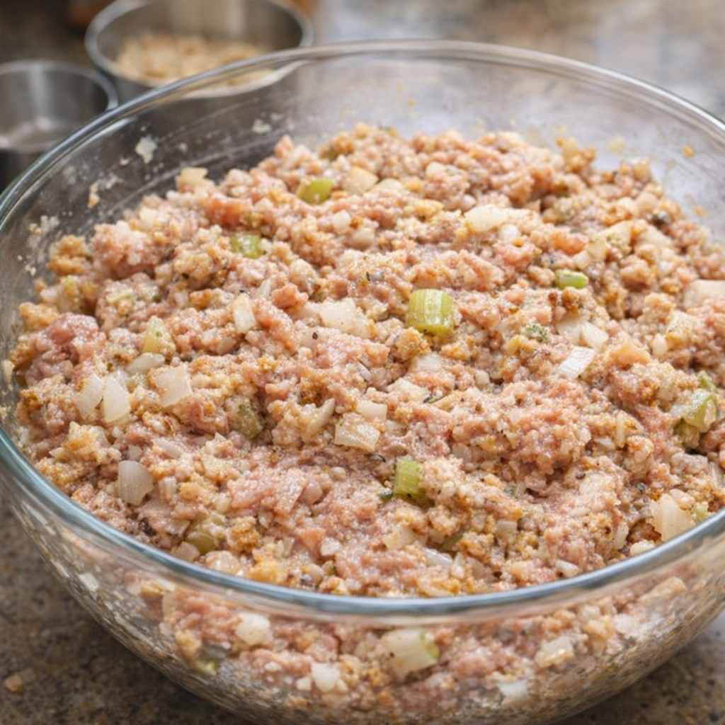Turkey meatloaf mixture in a mixing bowl