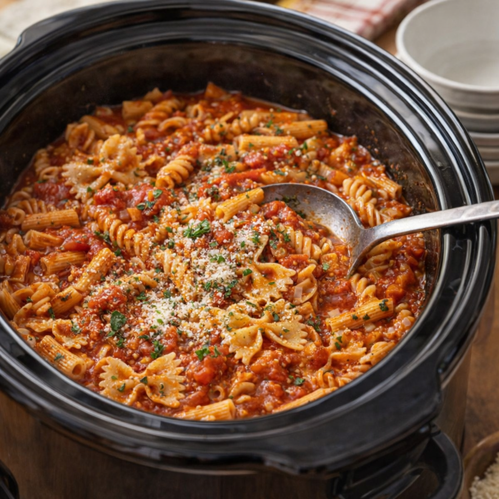 Large batch of tomato pasta served for a crowd