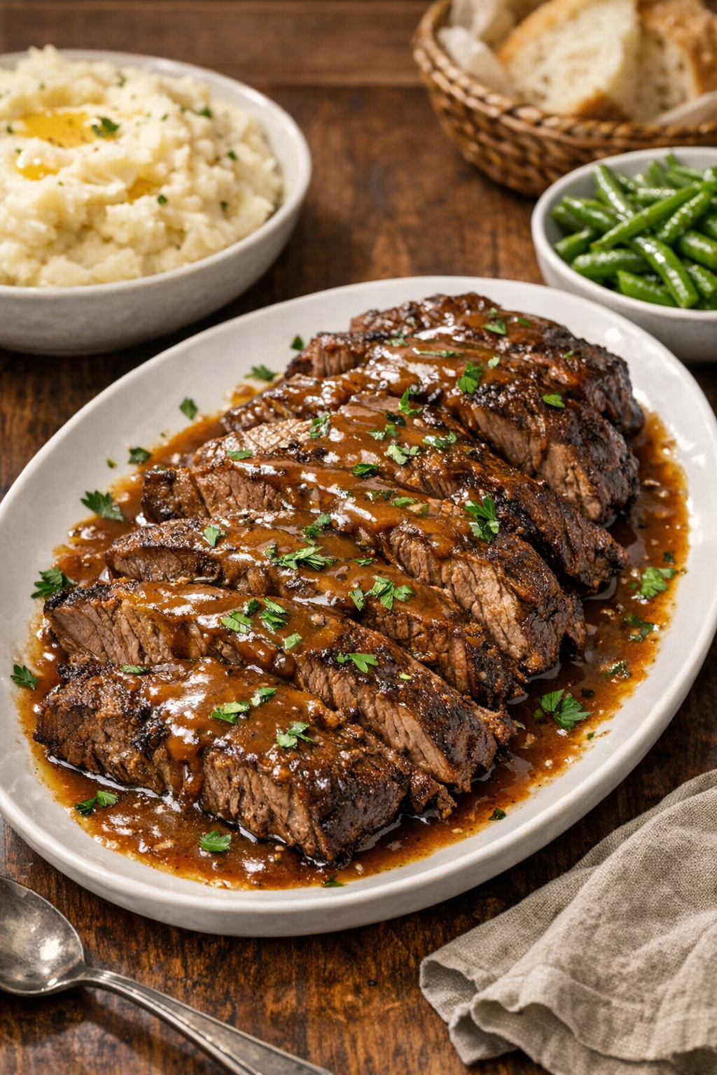 Final plated chuck roast with rich gravy and simple sides