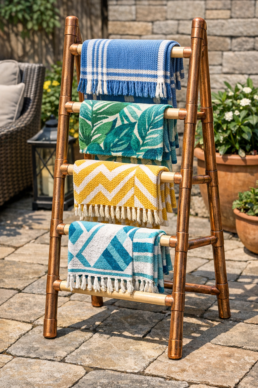 Finished outdoor blanket ladder with birch dowels and weathered copper pipe legs on a patio