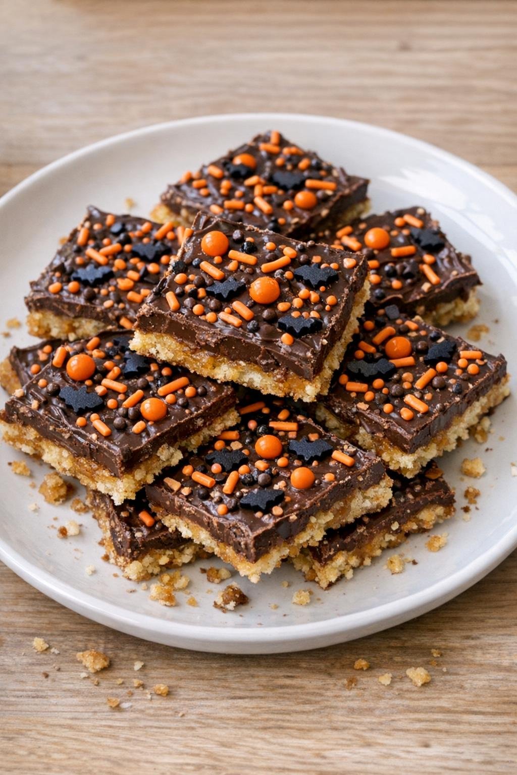 Finished Halloween cracker toffee bars on a plate