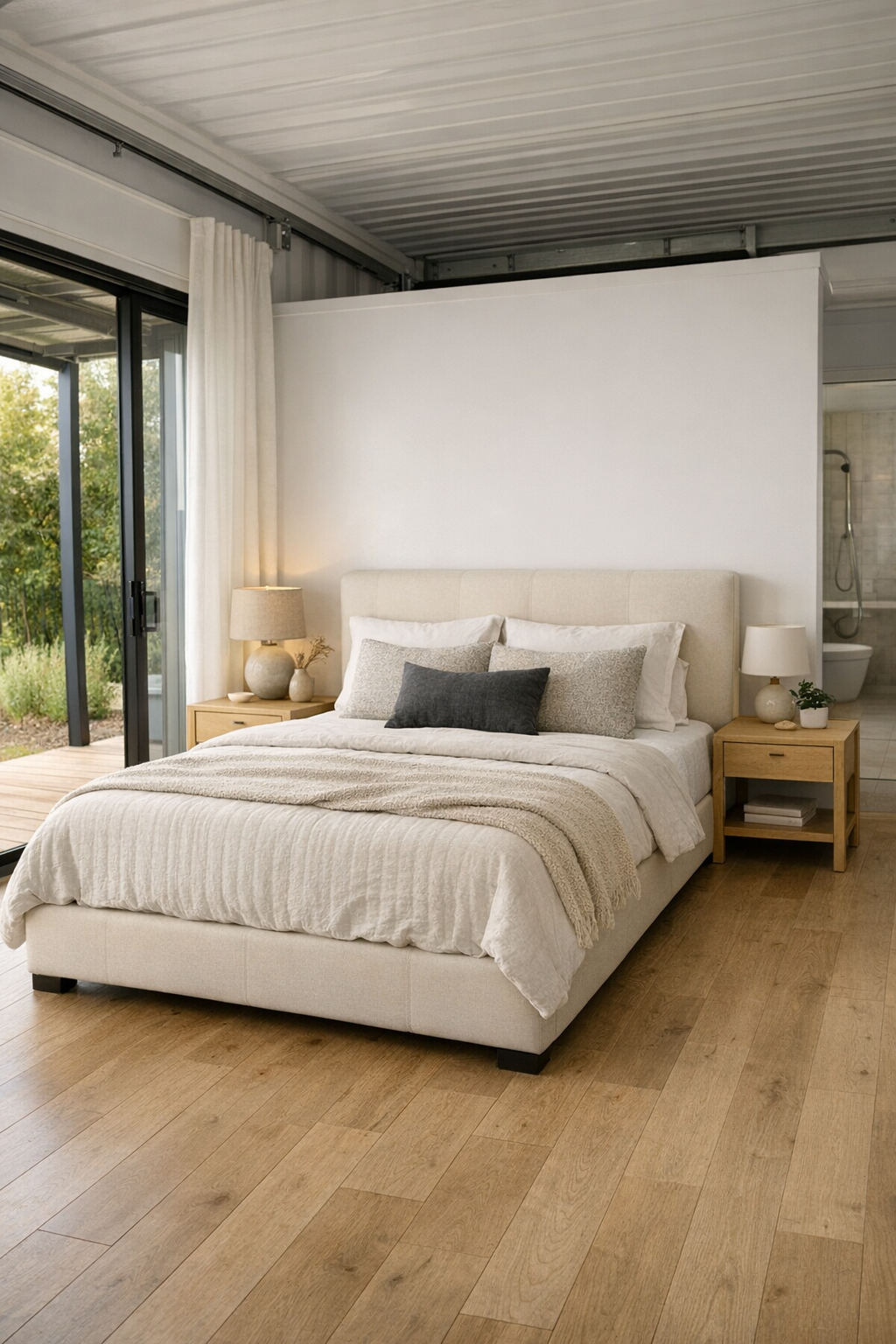 Serene modern bedroom with layered neutrals and accessible open floor space