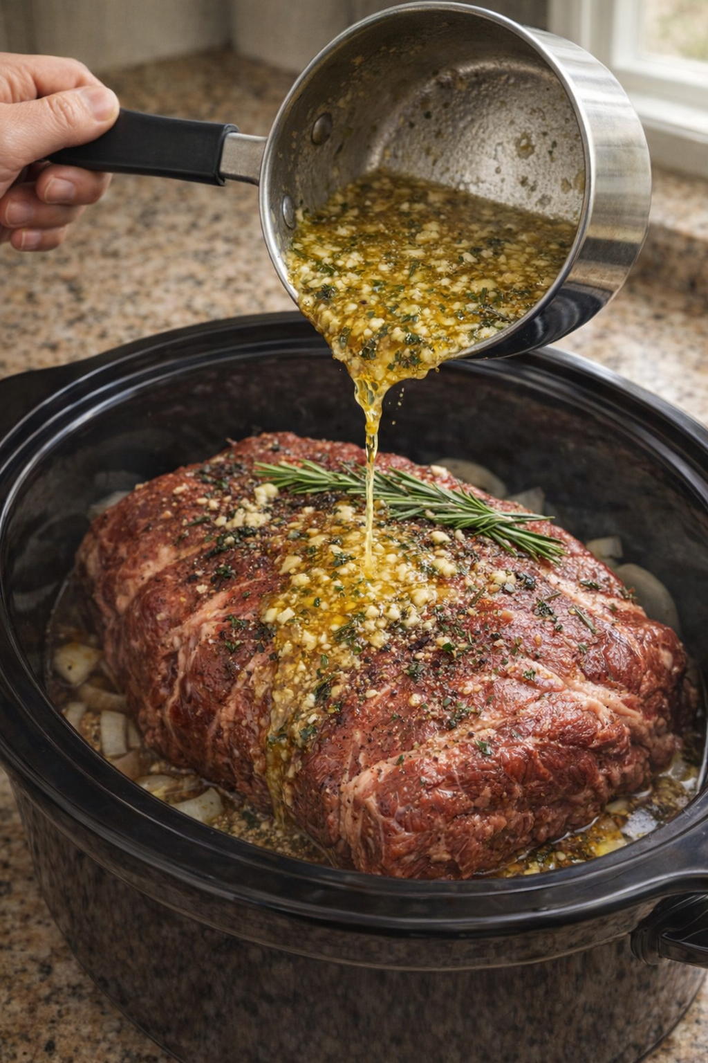 Garlic herb butter being poured over a chuck roast in the slow cooker