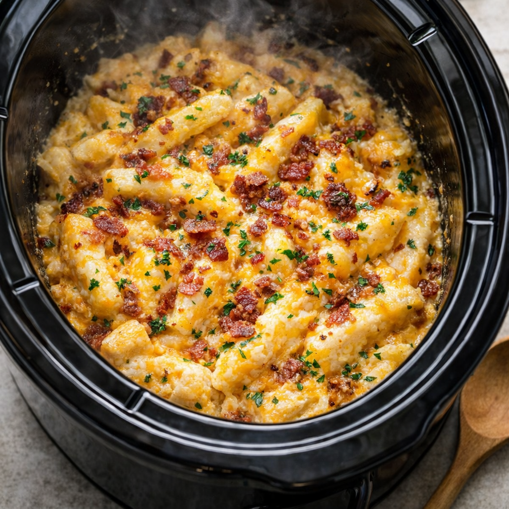 Slow cooker loaded potatoes ready for a busy family dinner