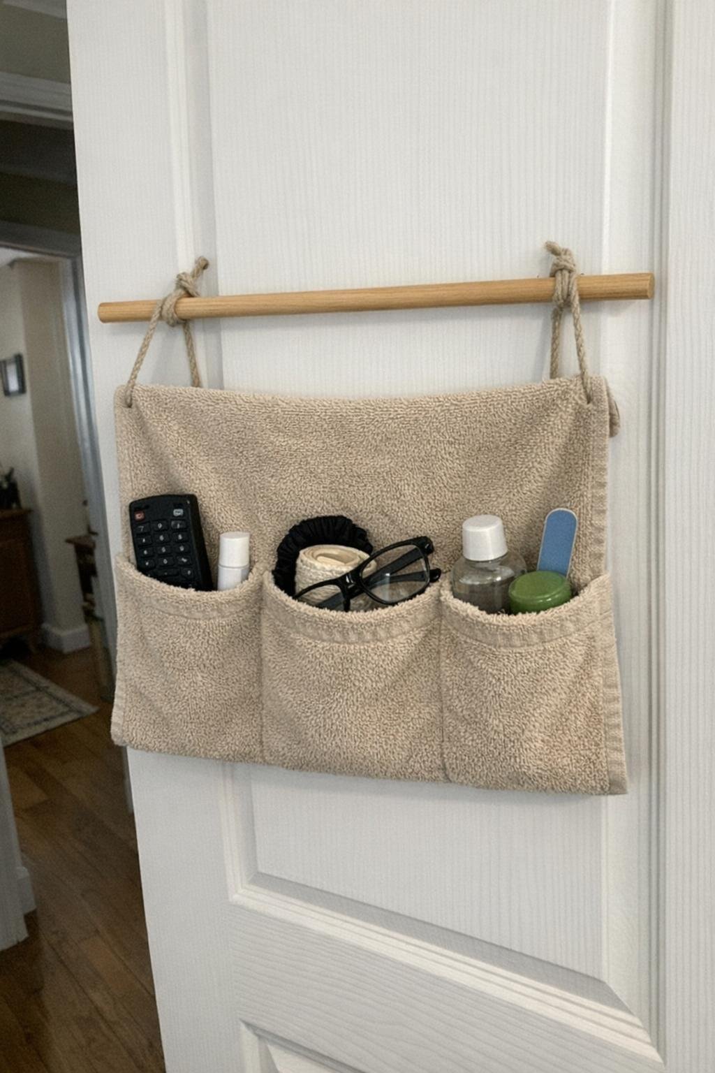 Three-pocket hanging caddy made from a towel