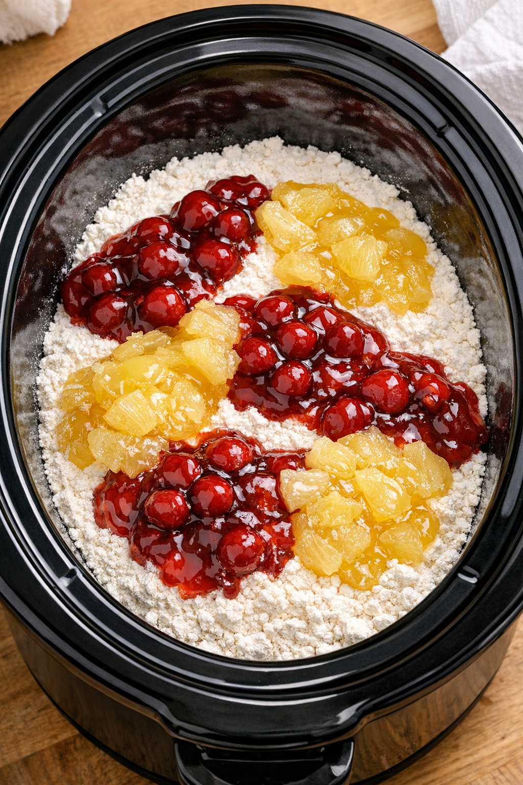 Cake mix and pie filling layered in the slow cooker