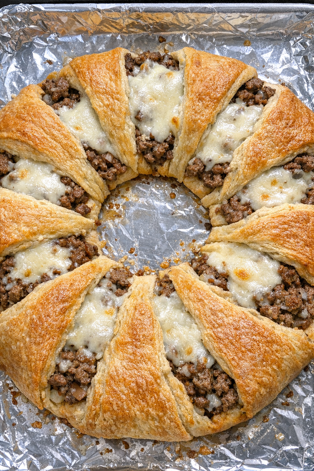Finished beef crescent wreath with golden dough, beef, and provolone