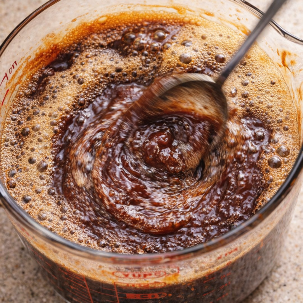 Barbecue sauce and root beer mixed in a measuring cup