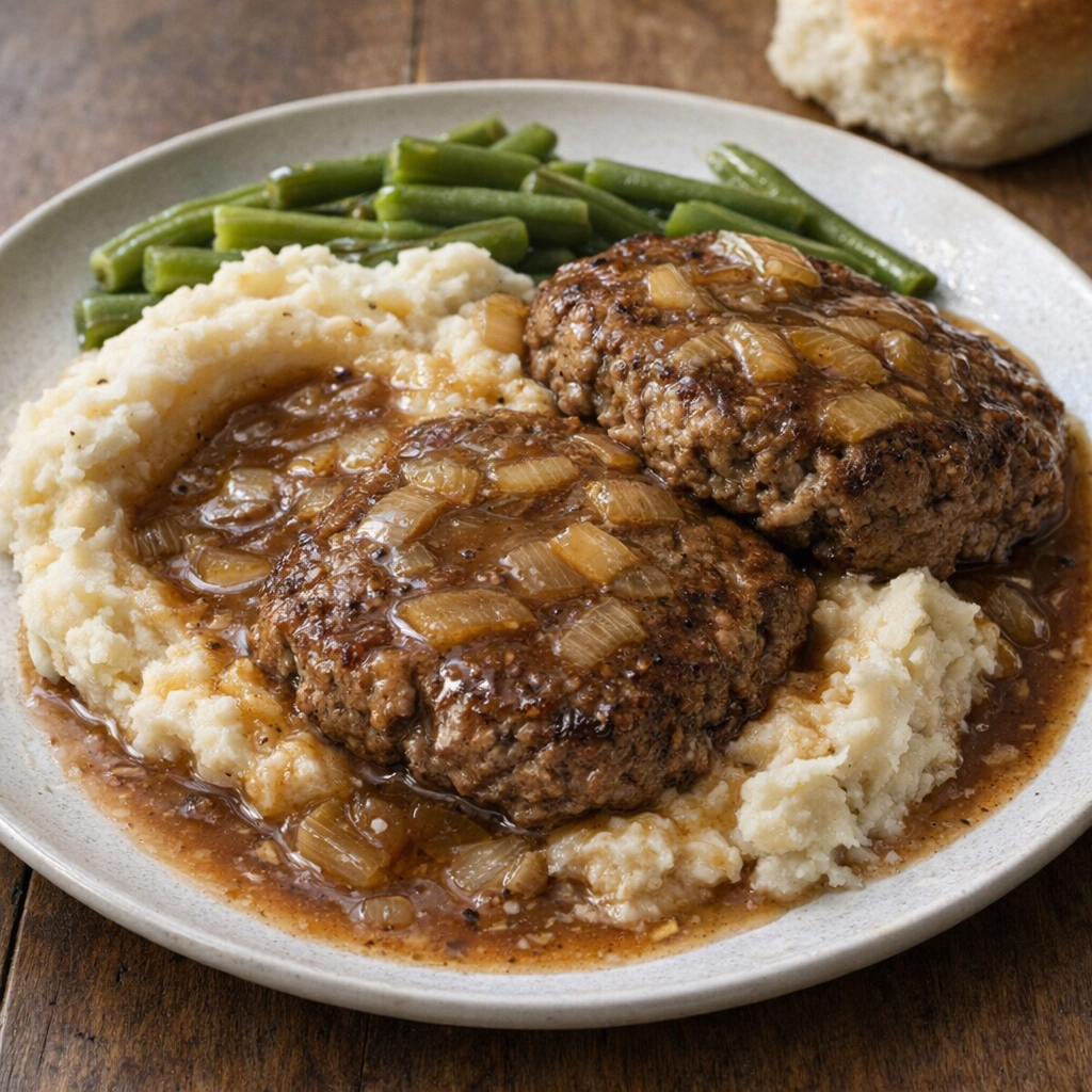 Poor man’s steak with onion gravy served over mashed potatoes