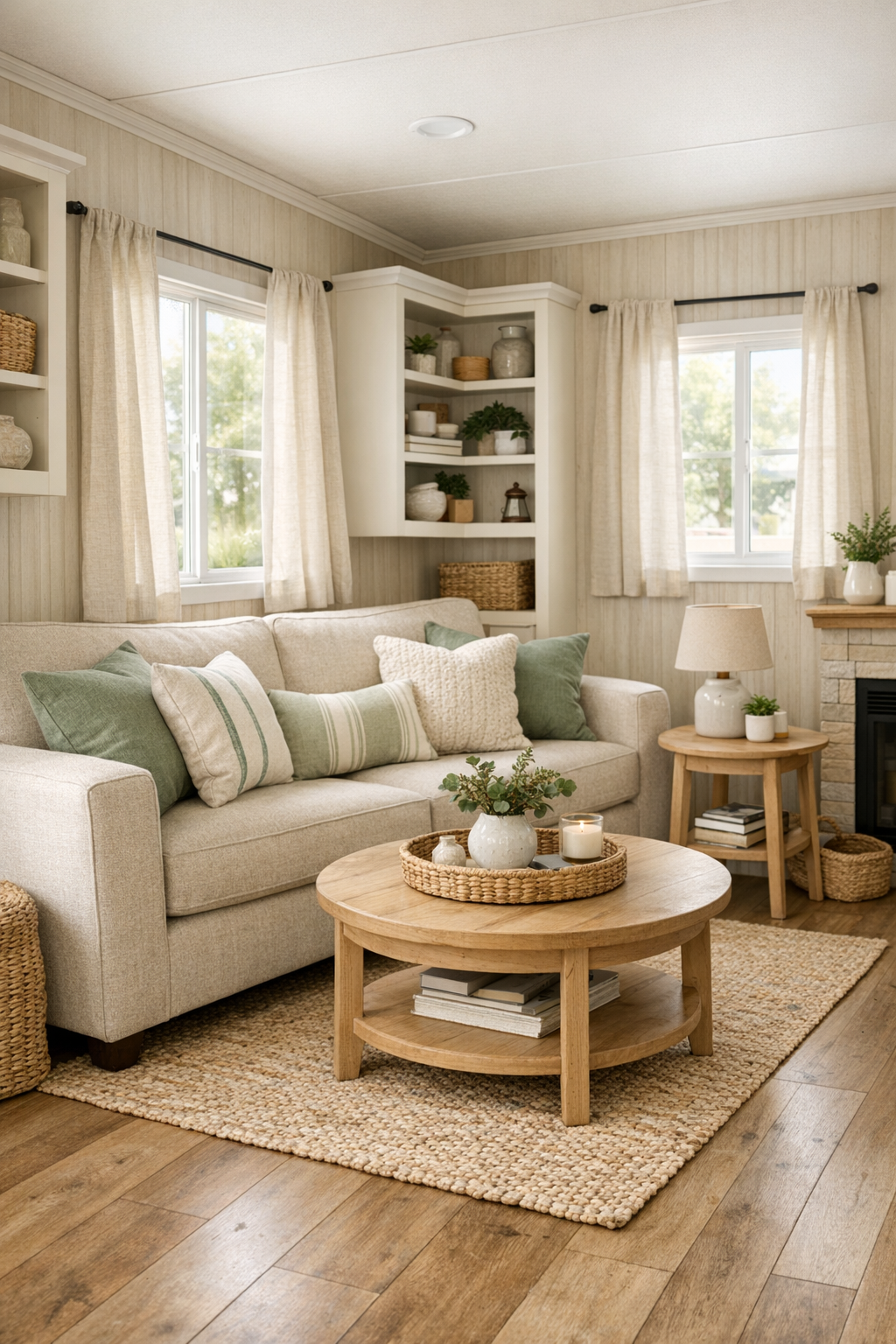 Cozy cottage-style living room with sage accents and pale wood floors