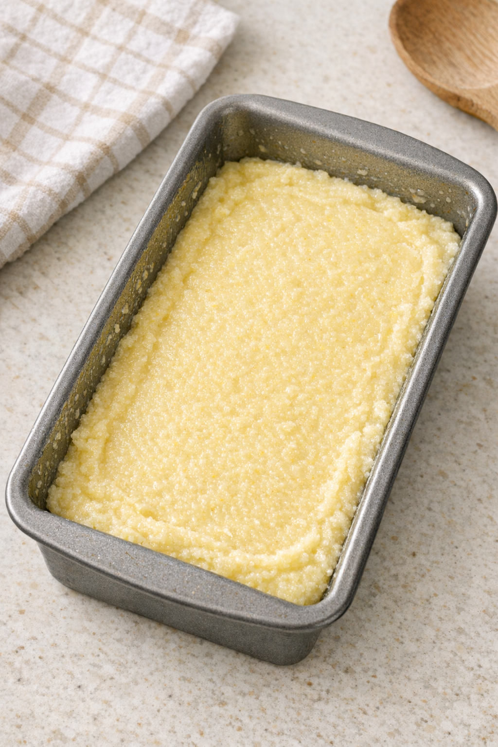 Cornmeal mush spread in loaf pan