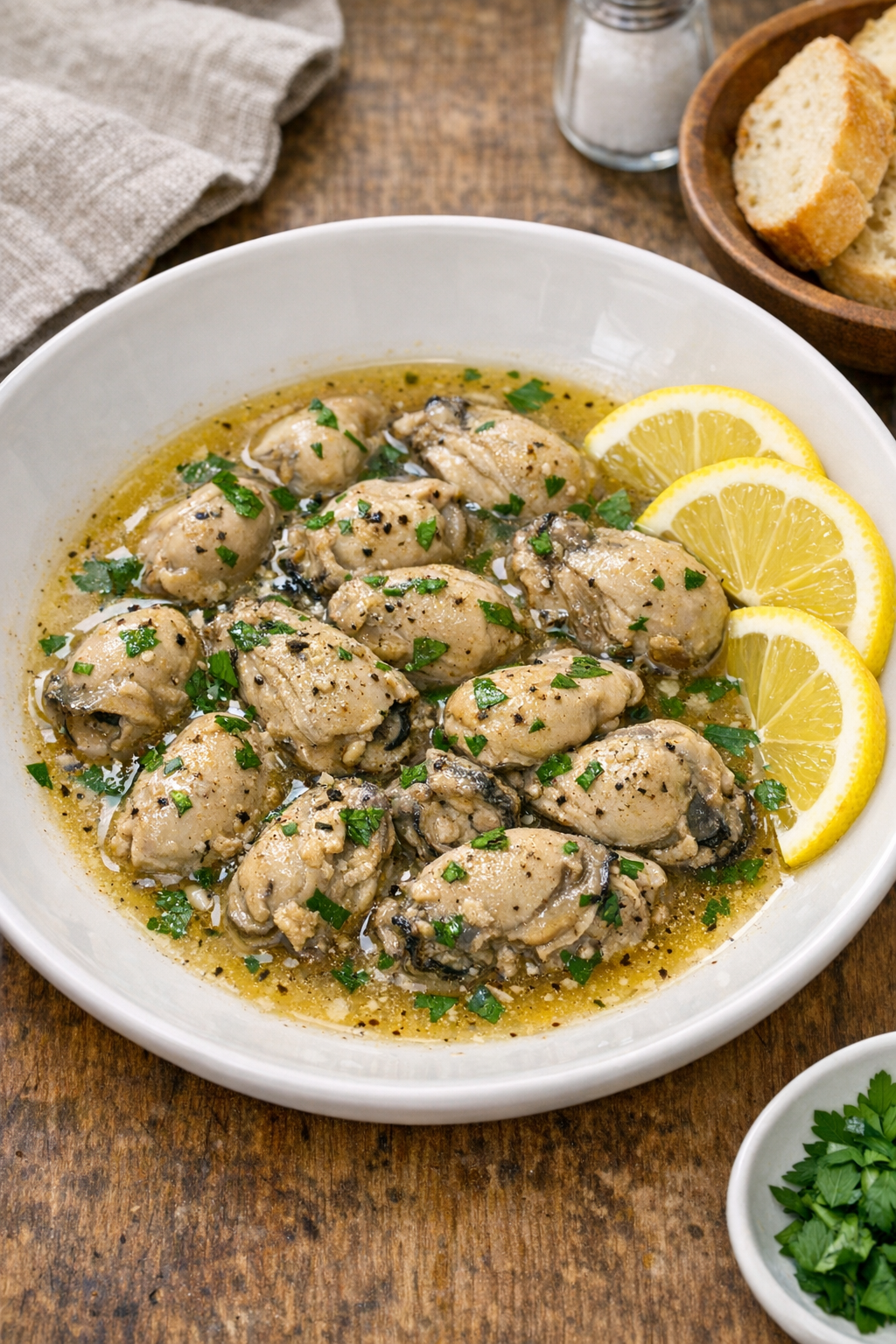Finished slow cooker boiled oysters in buttery broth