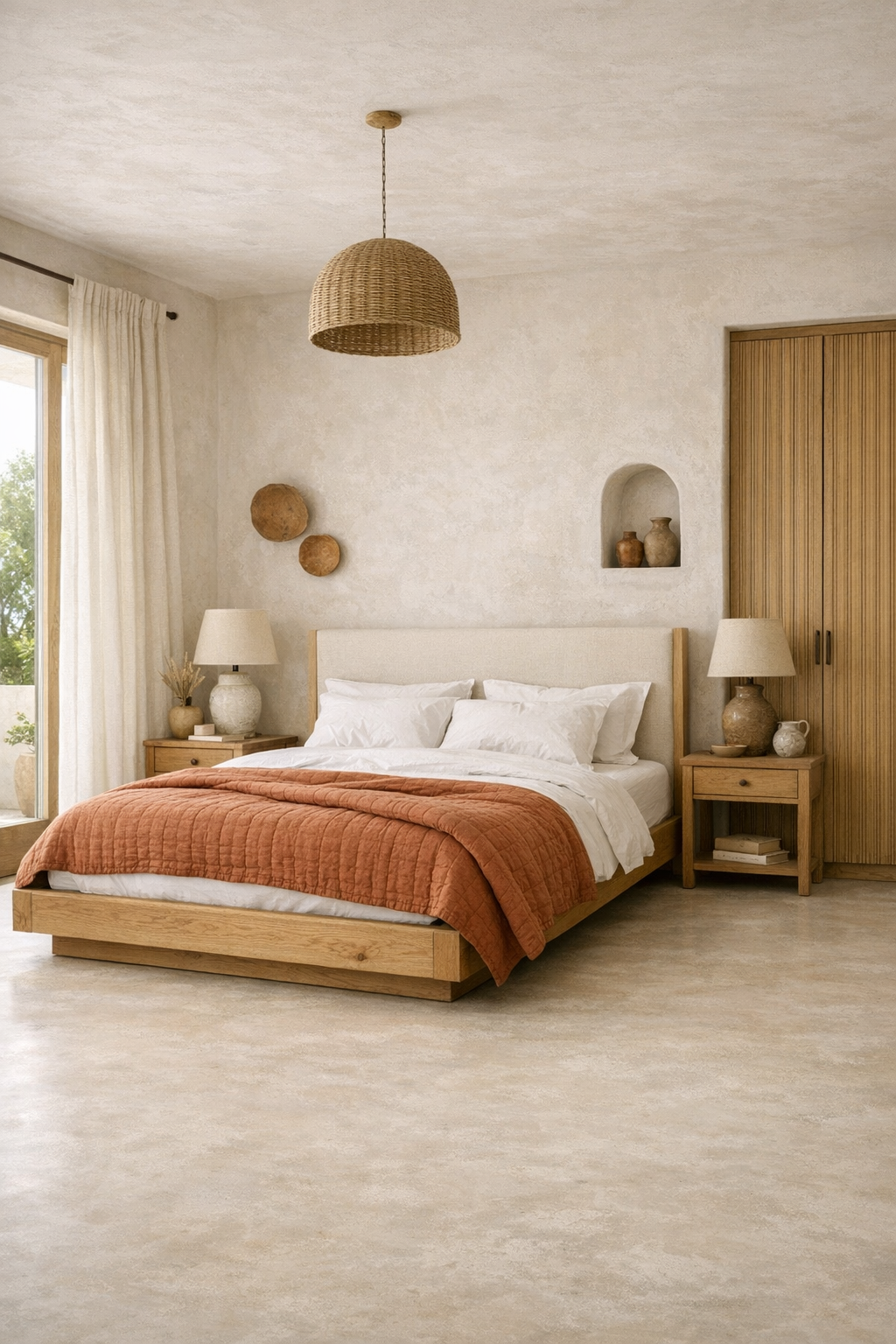 Serene bedroom with natural oak bed, linen textures, and Mediterranean warmth