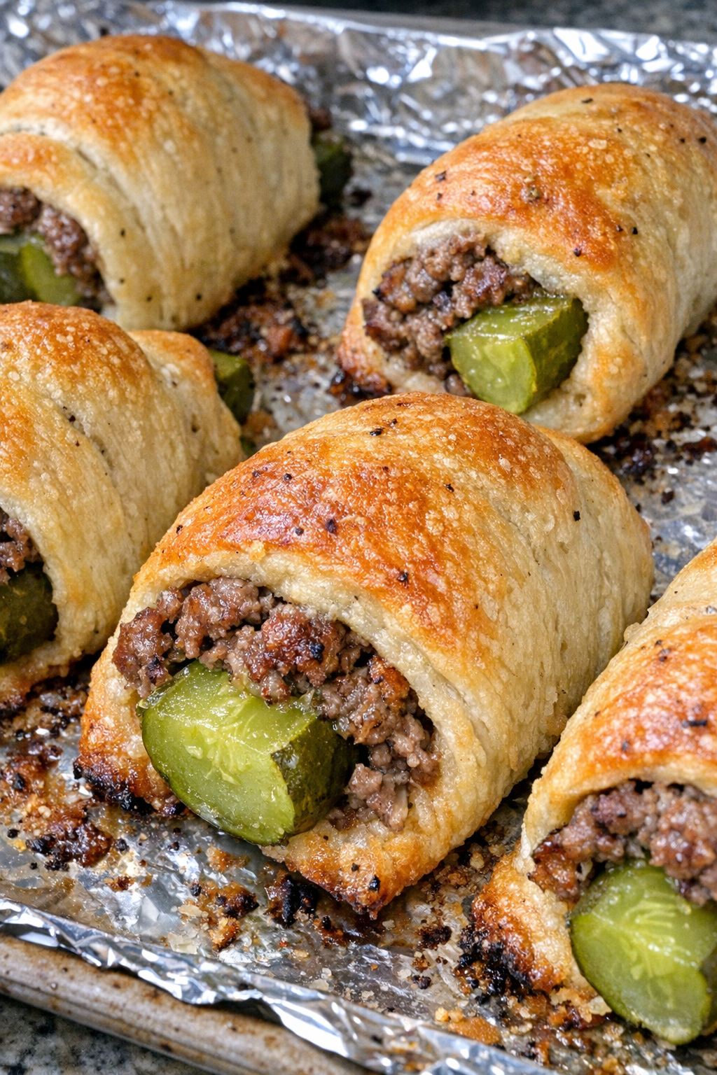 Close-up of baked beef pickle roll ups