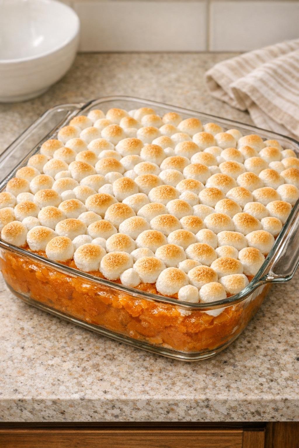 Finished sweet potato casserole with toasted marshmallow topping