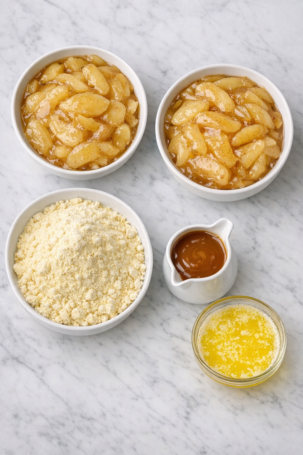 Apple pie filling, yellow cake mix, caramel sauce, and melted butter