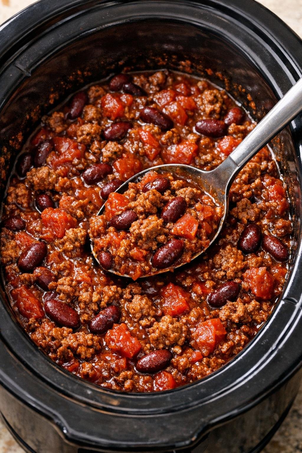 Chili wordt geroerd in de slowcooker.