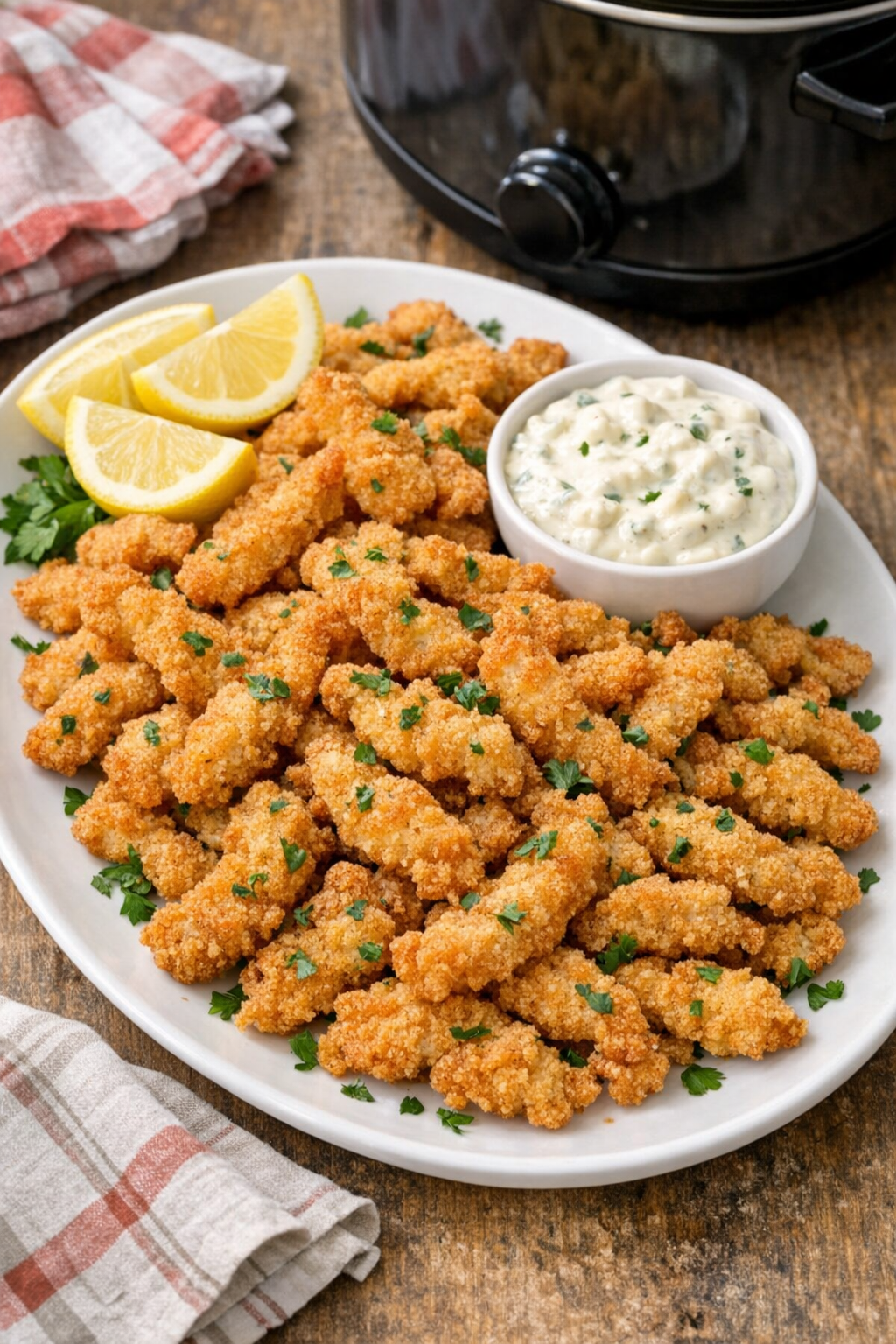Finished slow cooker clam strips served on a platter