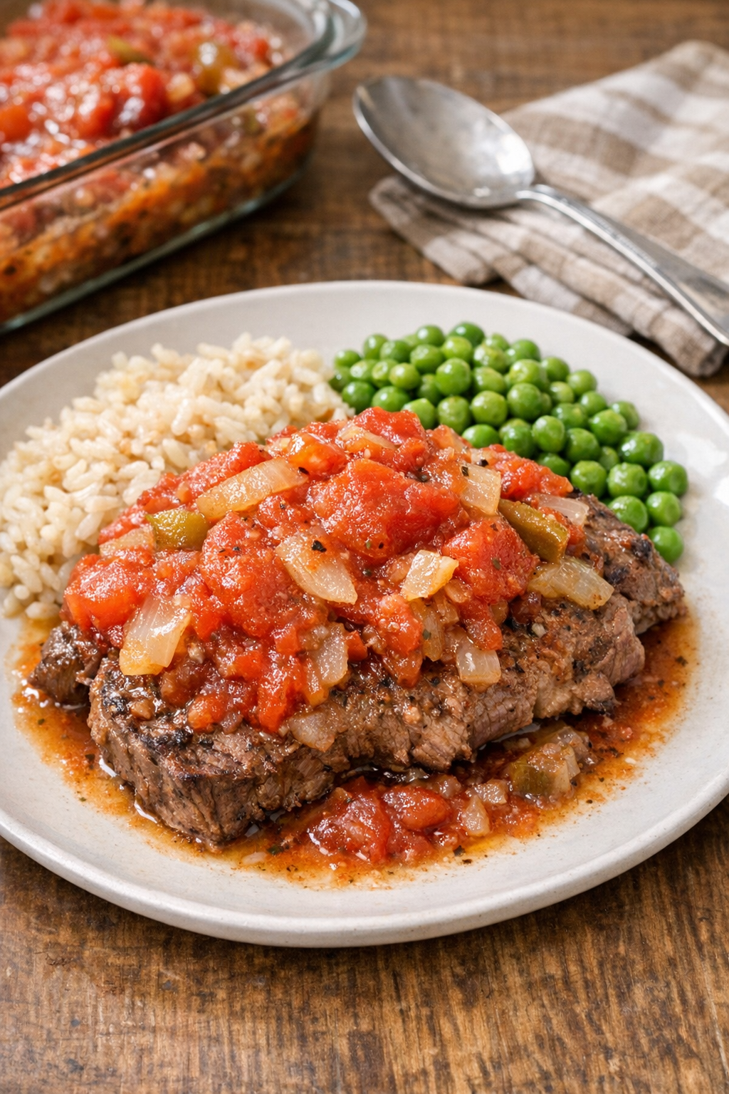 Finished Amish beef and stewed tomato casserole plated for serving