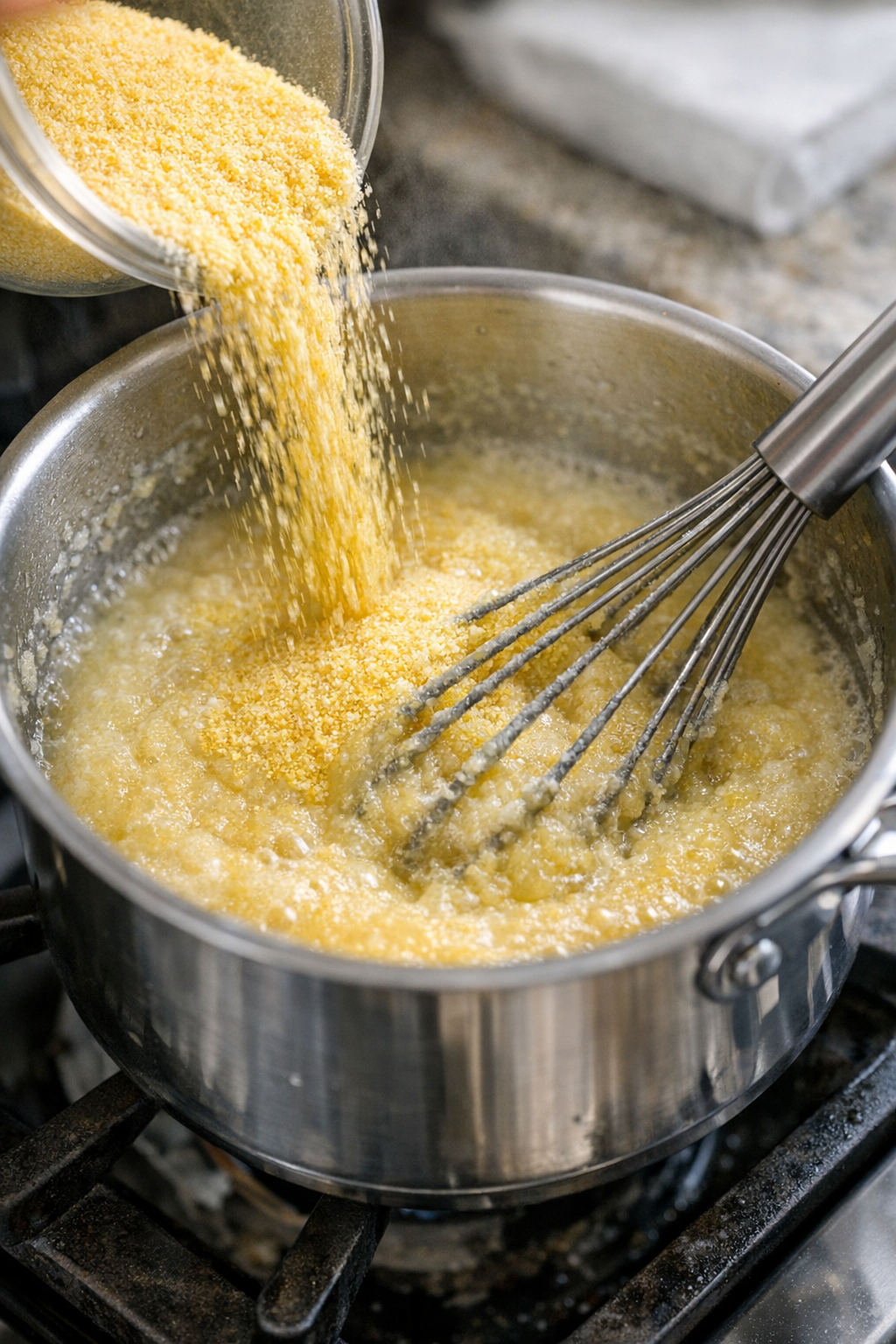 Cornmeal being whisked into hot water