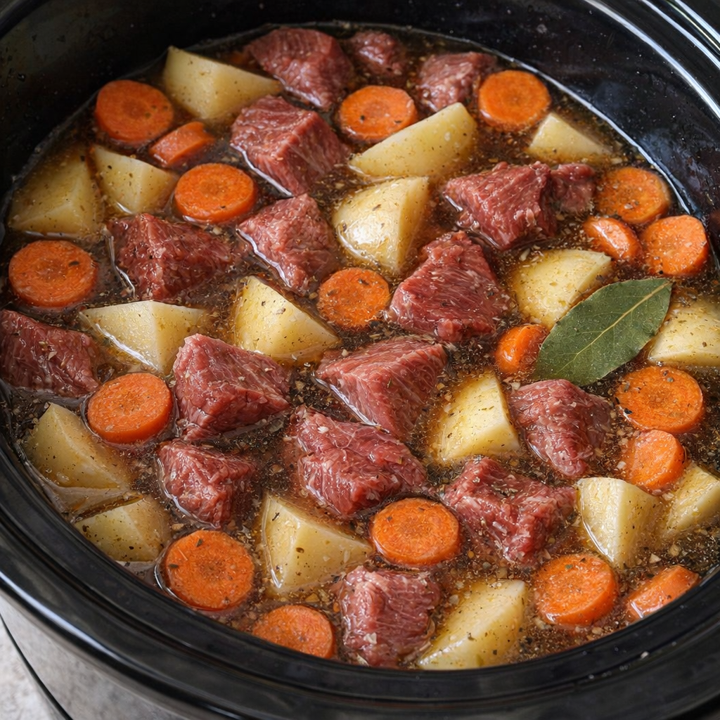 Slow cooker filled with layered stew ingredients before cooking