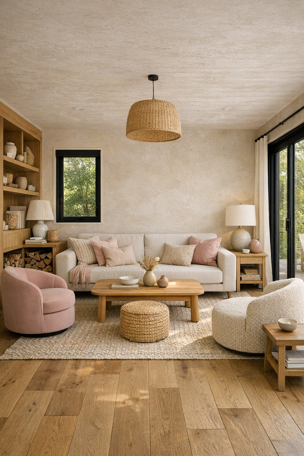 Warm modern living room with pale rose accents, oak floors, rounded seating, and large windows
