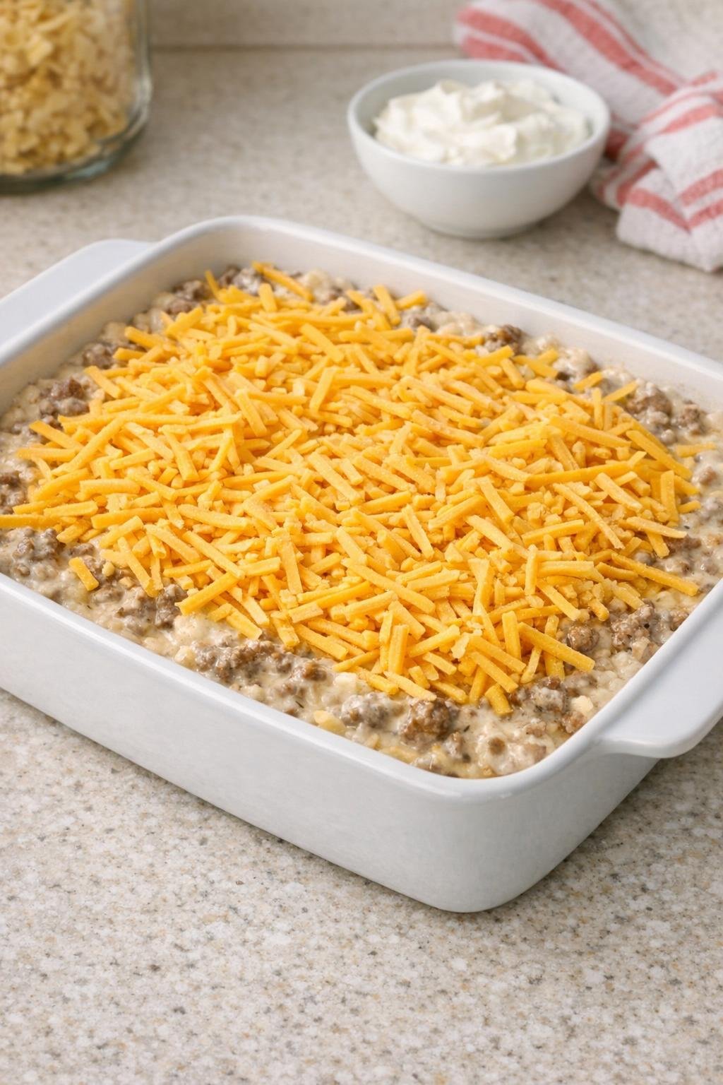 Beef mixture in a baking dish topped with shredded cheese