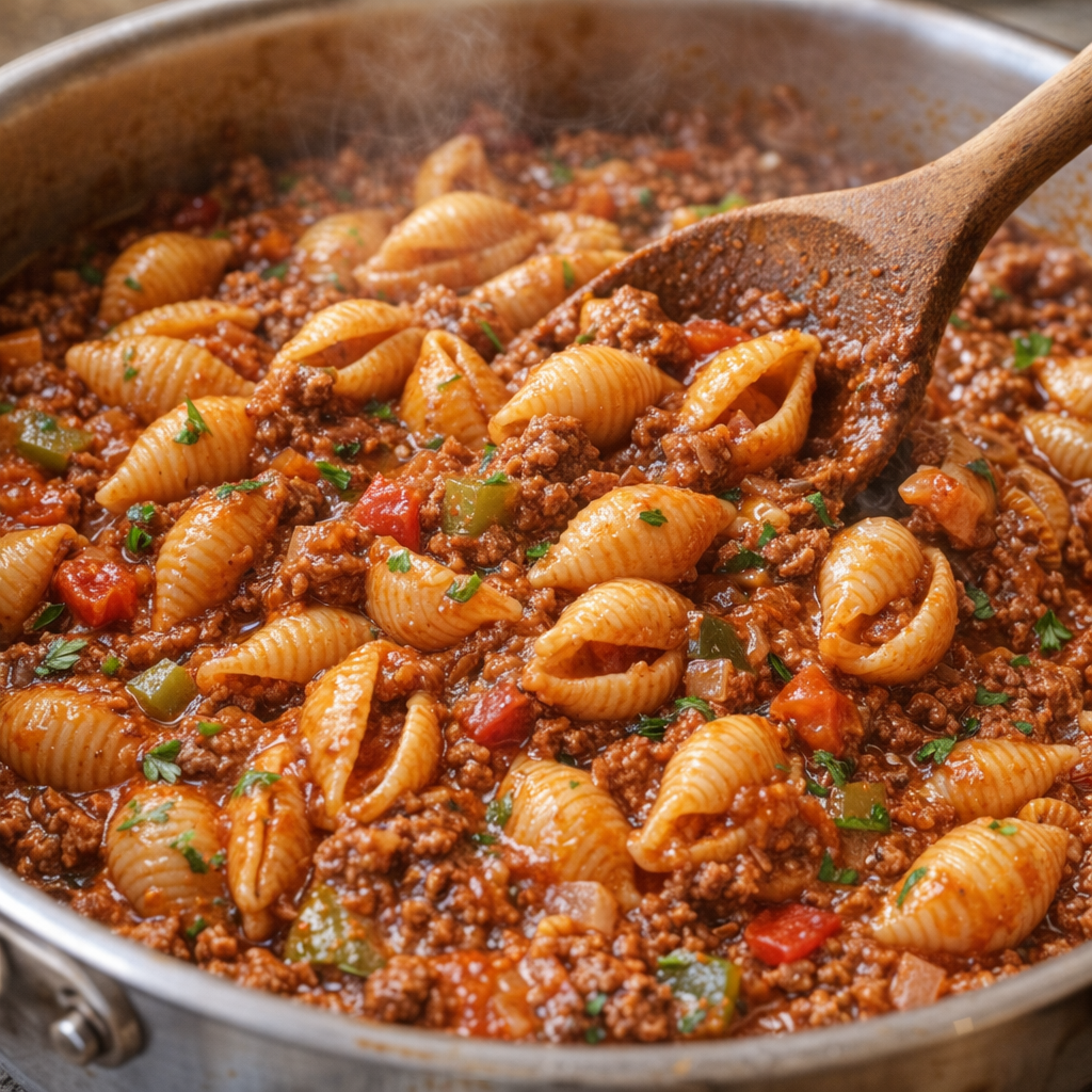 Shell pasta folded into rich tomato beef sauce