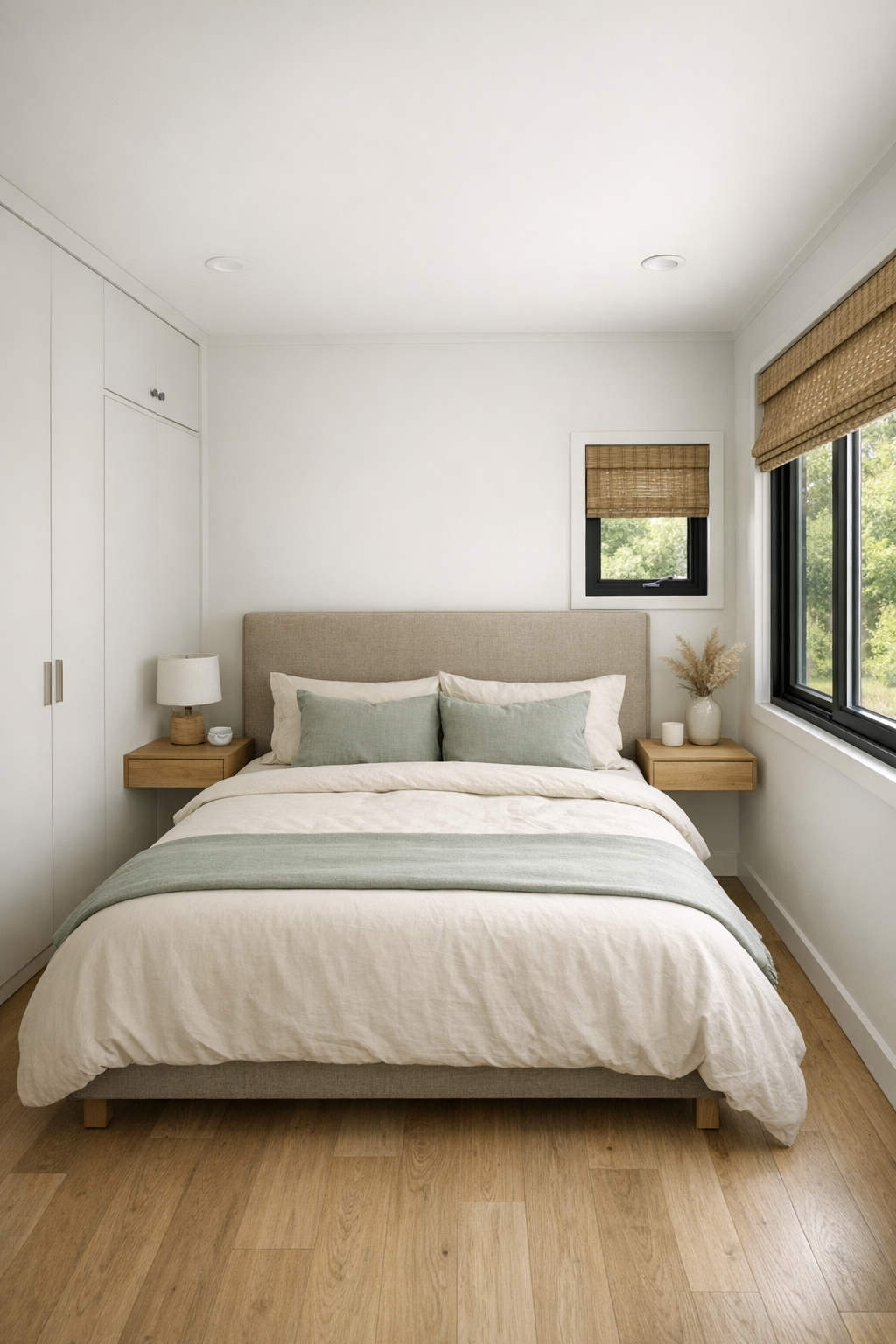 Calm bedroom with flax upholstered headboard, pale oak nightstands, and soft sage textiles