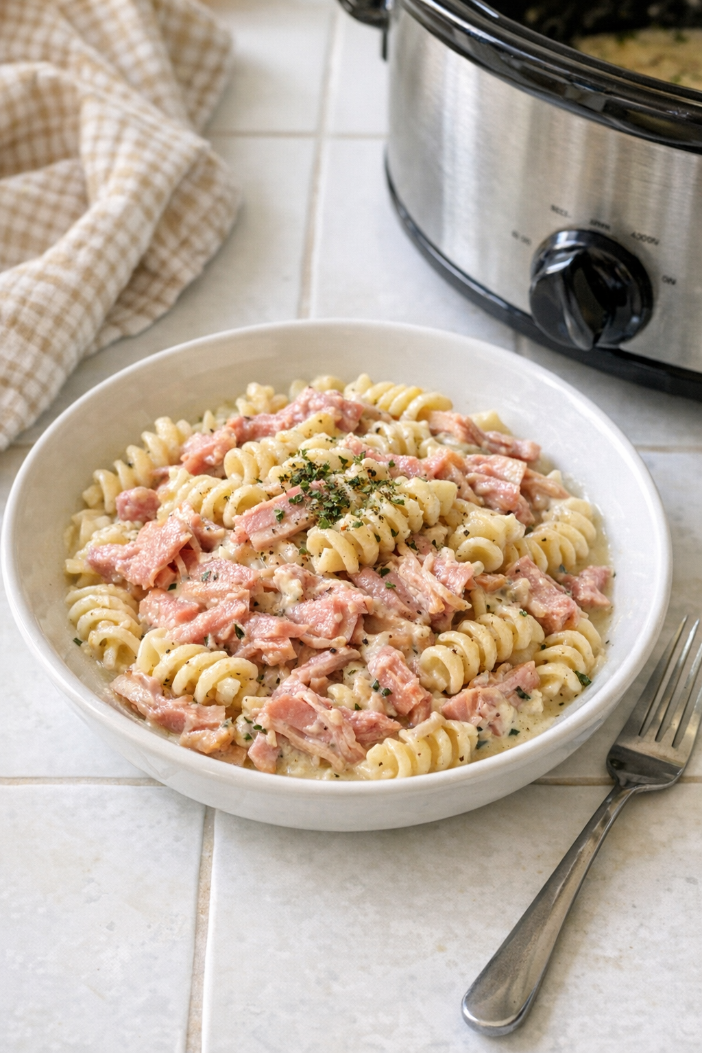 Finished basil ham pasta plated in a shallow bowl