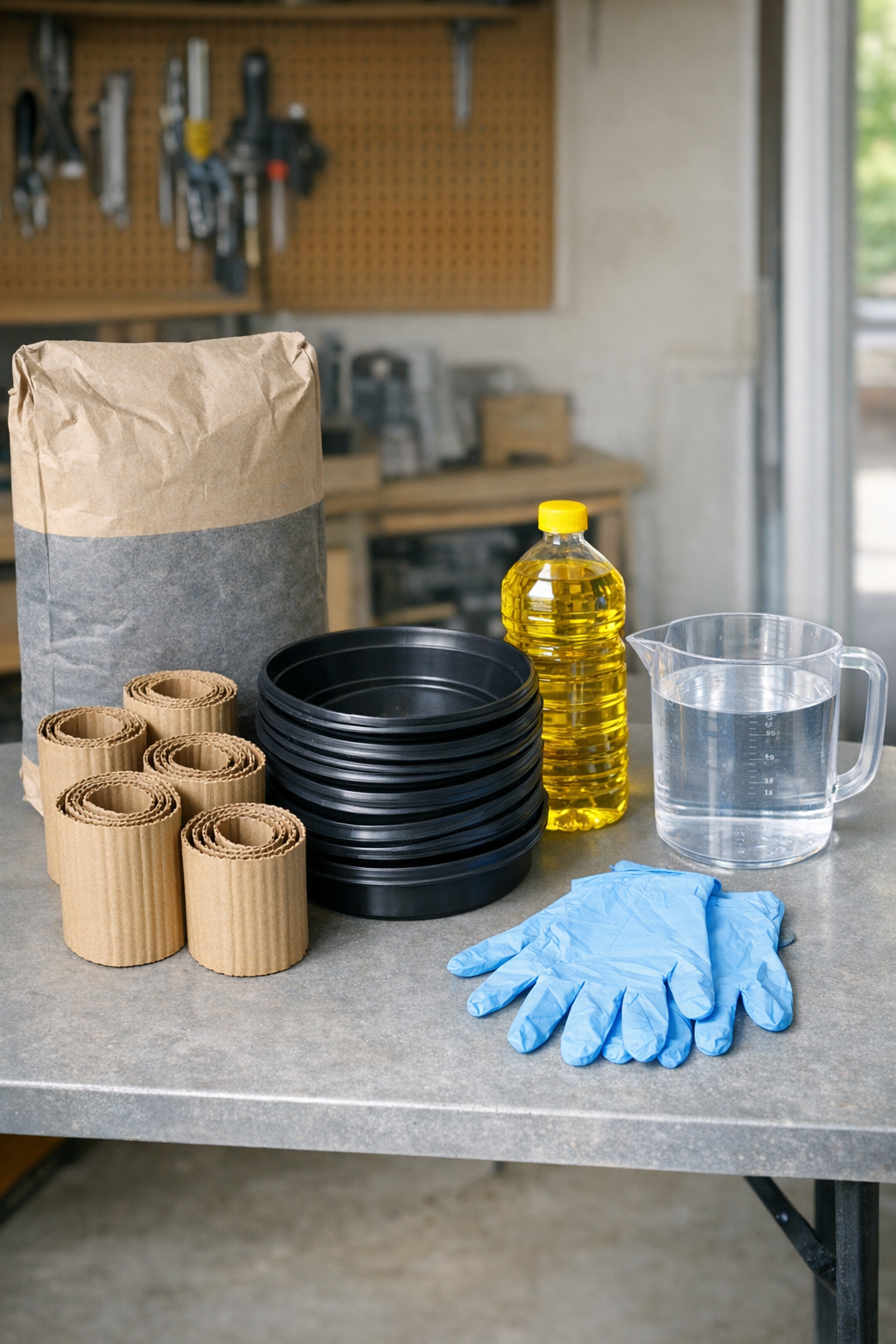 Materials for making ribbed cement patio slabs laid out on a worktable