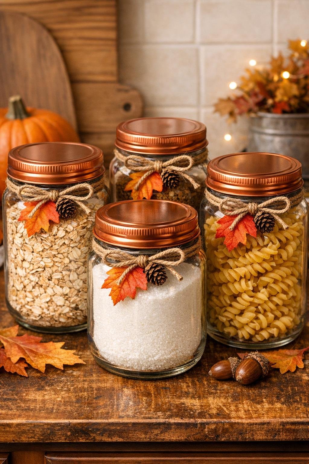 Finished fall kitchen canister set made from peanut butter jars