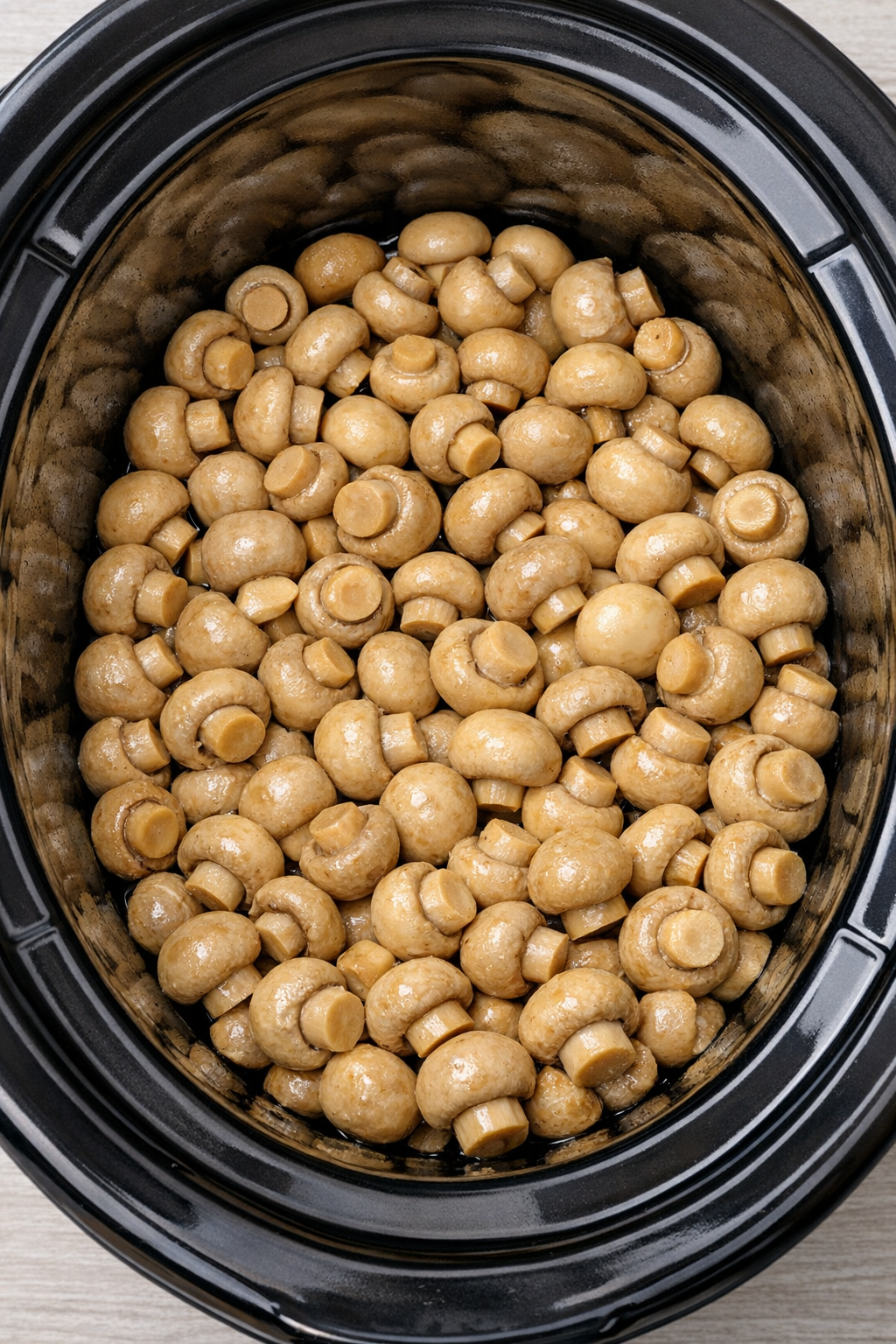 Mushrooms layered in slow cooker