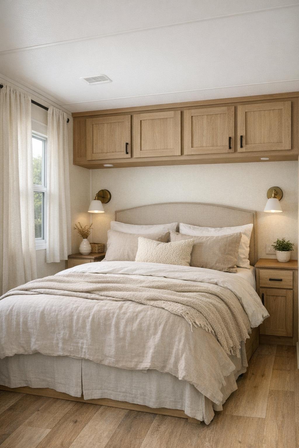 Serene small bedroom with layered neutral bedding and built-in storage