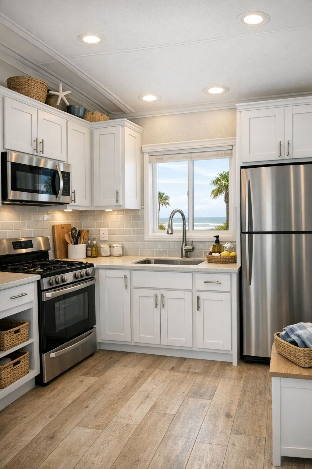 Compact coastal kitchen with white shaker cabinets and light-filled finishes