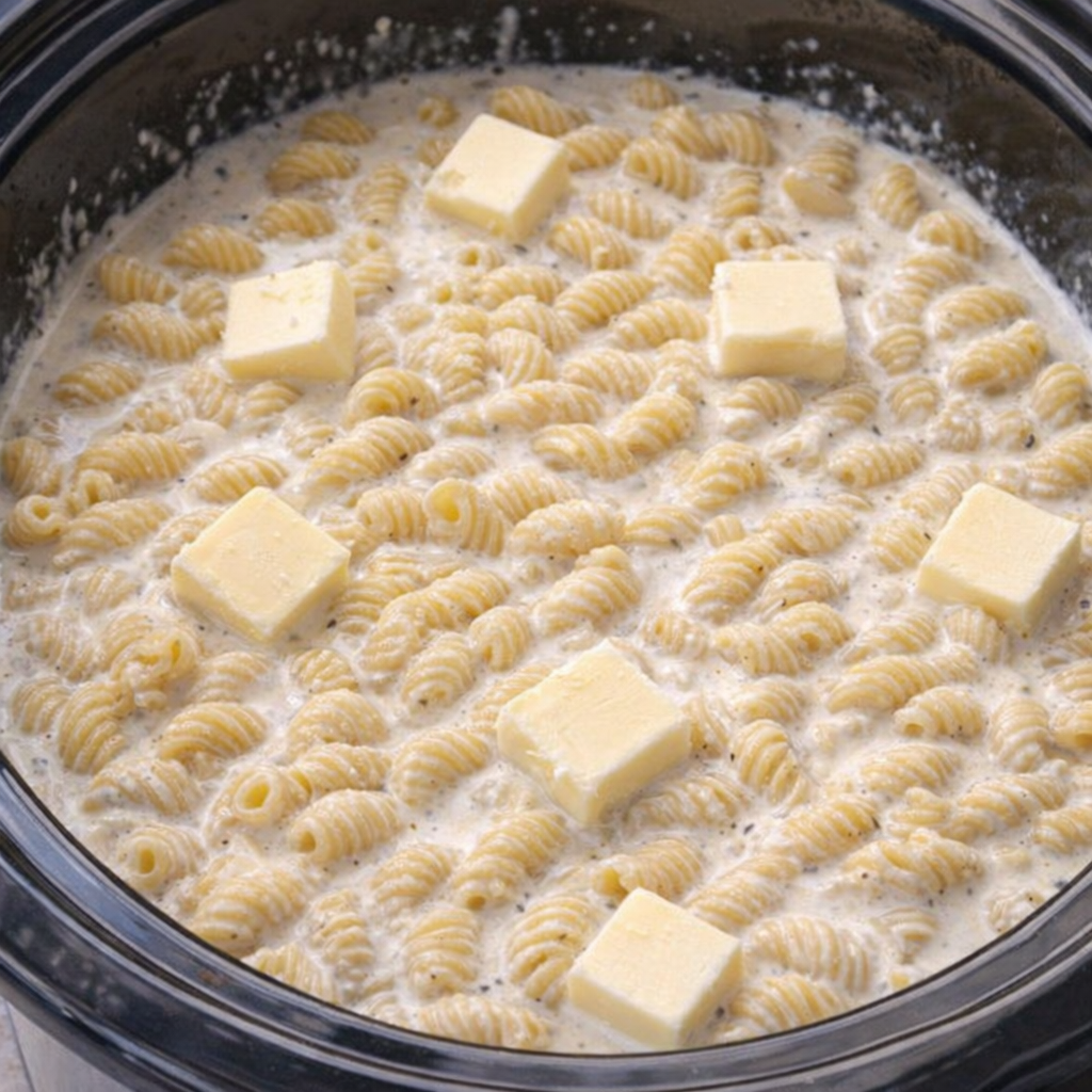 Uncooked cavatappi and butter in the slow cooker before cooking