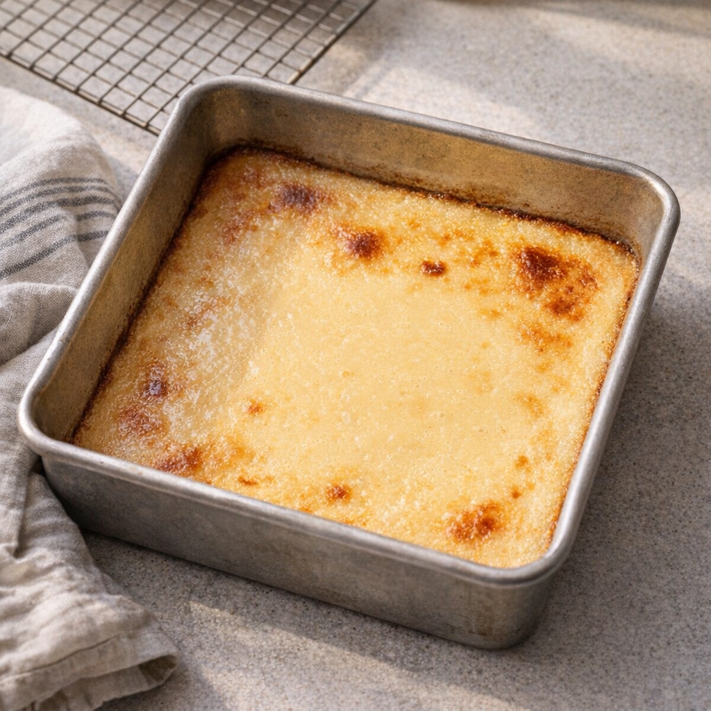 Freshly baked evaporated milk custard in a square pan on a kitchen counter