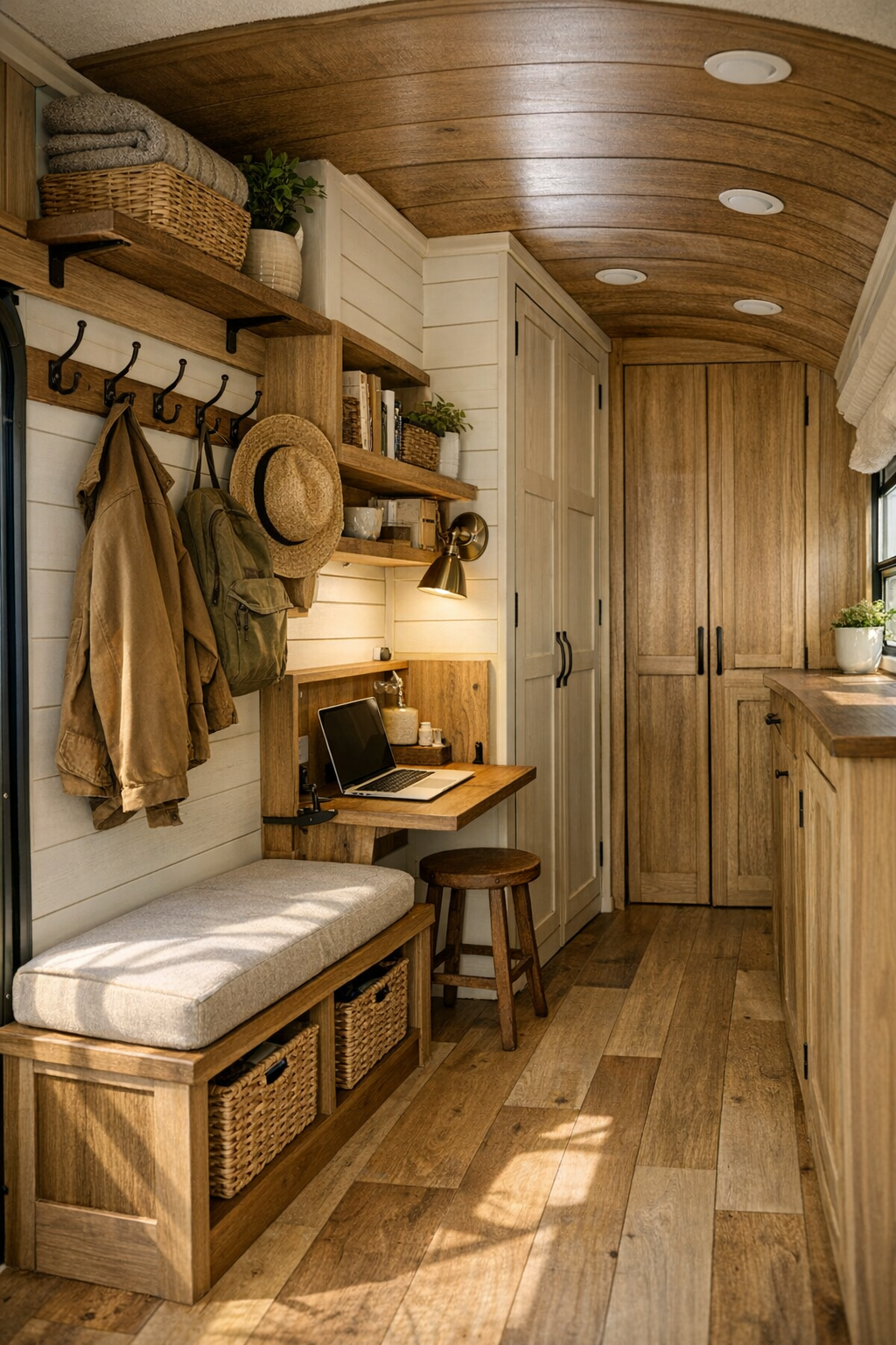 Functional entry and corridor area with bench storage, hooks, and built-in utility cabinetry