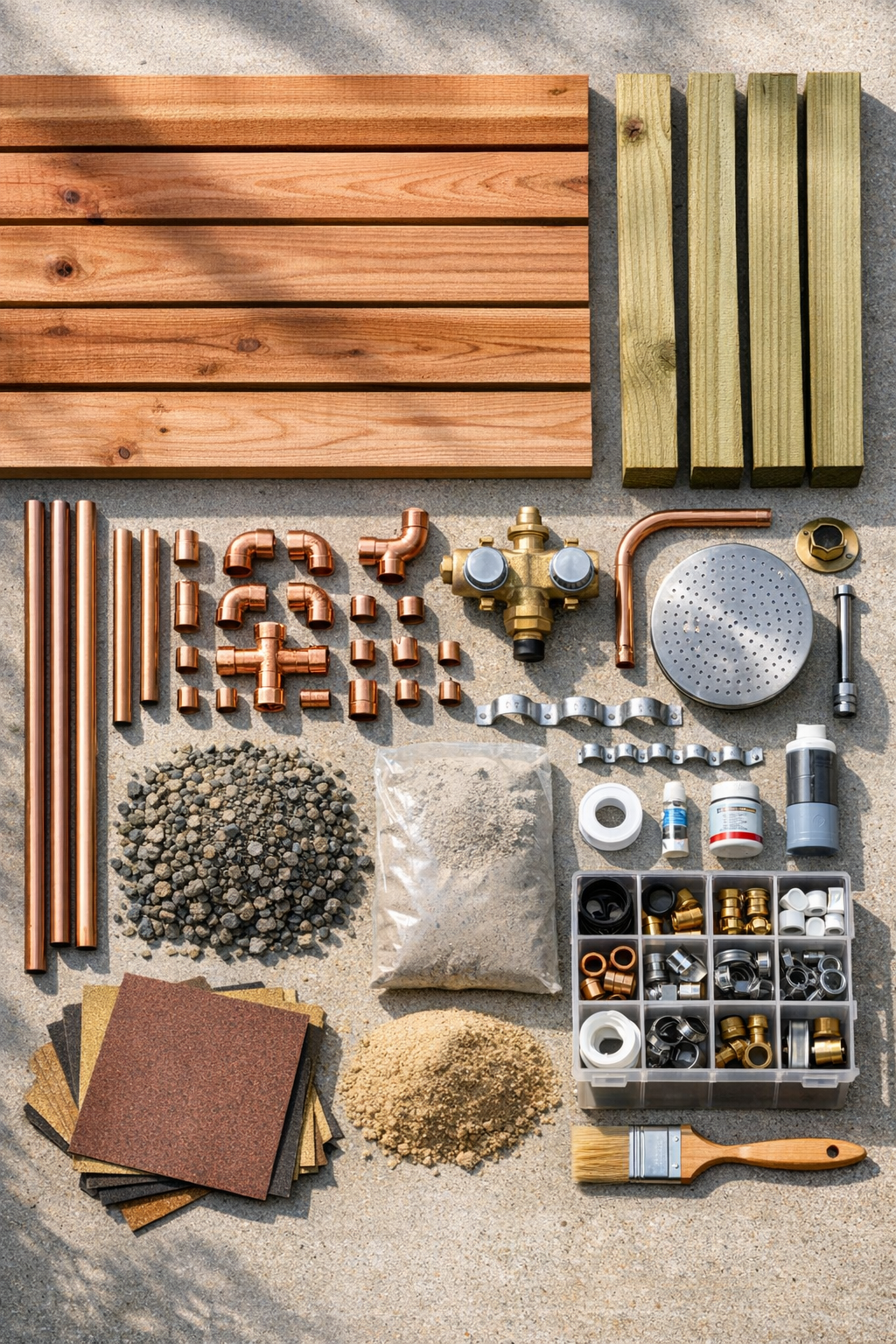 Cedar boards, copper pipe fittings, and shower hardware laid out for the project